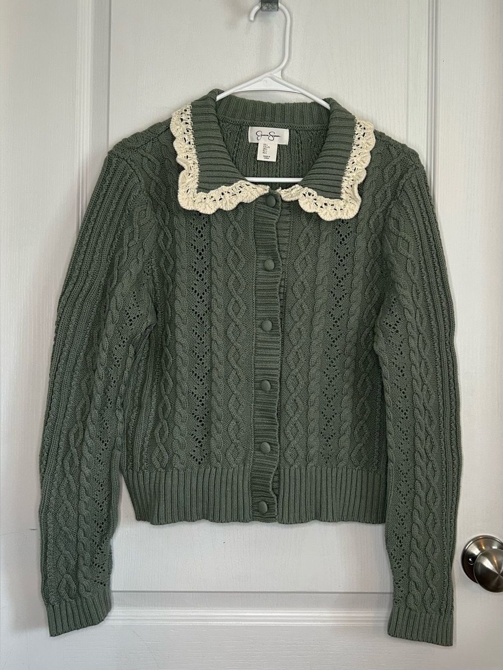 Jessica Simpson Cable Knit Button Sweater Cardigan Peter Pan Collar Green Granny